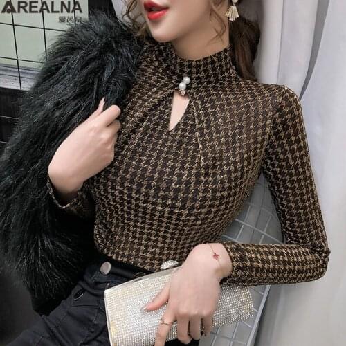 T shirt women 2020 autumn slim vintage tshirt women tops long sleeve fashion plaid tee shirt femme Beading shirts women clothes