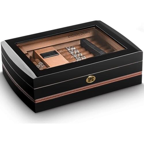 Cedar Wood Cigar Box 330x230x100mm Transparent Humidor Cigar Ebony Natural Wood Grain Black Cigarette Case HotSale CIGAR LOONG