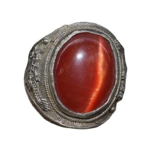 Chinese Old Craft Made Old Tibetan Silver Inlaid Green Jade Silver Ring