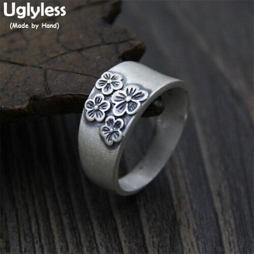 Uglyless Real S990 Silver Handmade Engraved Plum Blossom Finger Rings Women Elegant Ethnic Wide Ring Vintage Floral Fine Jewelry