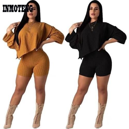 Two Piece Set Women Clothes Autumn Winter Irregular Outfits Long Sleeve Knit Sweater Tops Bodycon Shorts Suit Sexy Matching Sets
