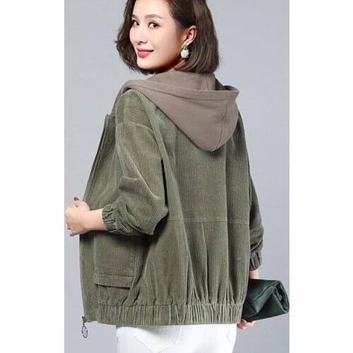 Fashion Womens Coat New 2021 Spring Hooded Zipper Jacket Section Long Sleeve Corduroy Short Loose Jacket Ladies Outerwear H1131