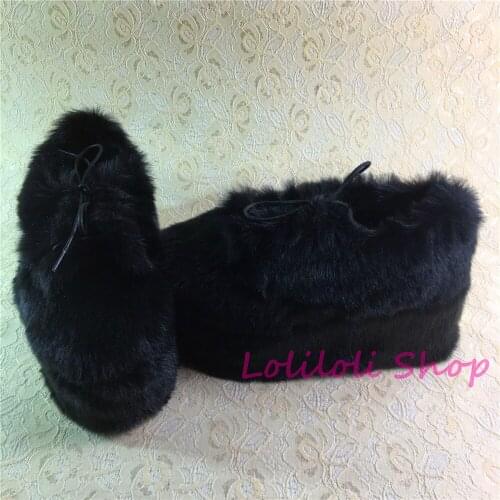 Princess sweet lolita shoes Lolilloliyoyo antaina custom shoes thick bottom black suede imitation rabbit fur flat shoes an9618-1