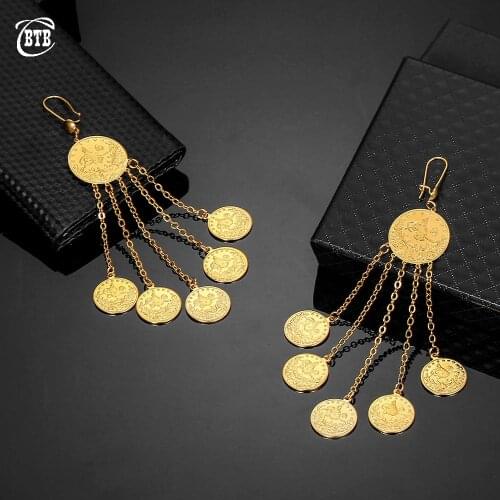 Muslim Gold Color Drop Earring for Women Girls Nigeria Islam Turkish Jewelry Gift with Pieces Tassel Coin Pendant Allah Earrings