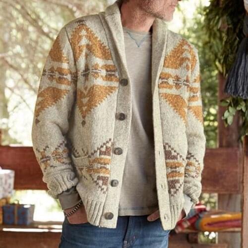 Men Casual Long Sleeve Knitted Coats Pattern Print Cardigan Sweaters Coat Mens 2021 Autumn Winter Fashion Buttons Cardigan Tops