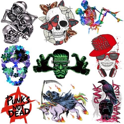 Prajna Rock Skull Iron On Transfers Punk Patch For Clothing Ironing Thermal Stickers On Clothes DIY Grim Reaper Appliques Badges