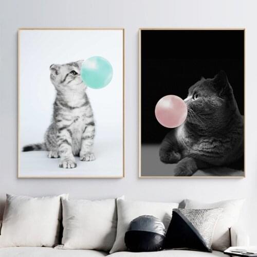 Wall Art Canvas Painting Pink Cat Balloon Spoof Nordic Posters And Prints Animals Wall Pictures For Living Room Kids Room Decor