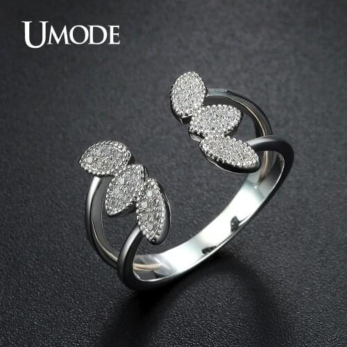UMODE New Arrival Special Flower Shape Crystal Open Ring For Women Party Jewelry White Gold Color Cocktail Ring Hot Gifts UR0375