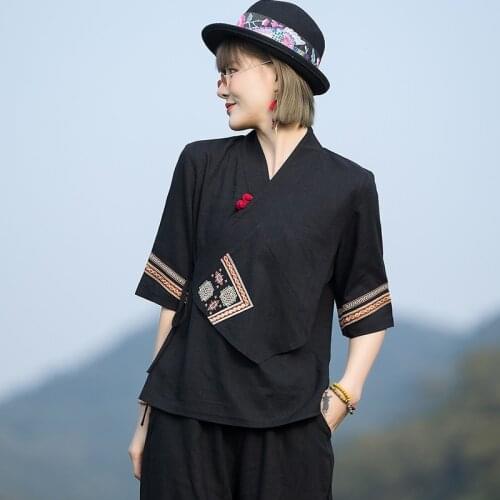 Summer New Cotton Hemp Embroidered Loose China Tops Hanfu Chinese Style Harajuku Vintage Tang Suit Women Casual Blouse KK3641