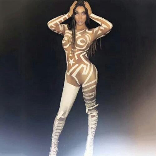 New Sparkly Rhinestones Jumpsuit One Piece Evening Costume Womens Birthday Outfit Singer Stage Show Stretch Bodysuit