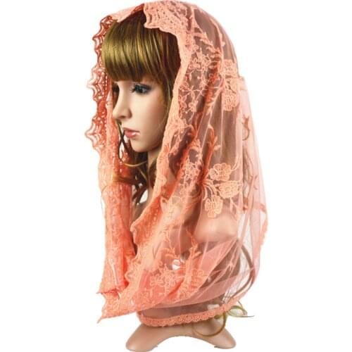 Orange Pink Embroidery Catholic Church Lace Veil Mantilla Chapel Scarf Lace Infinity Veil