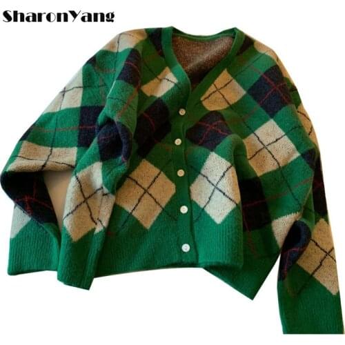Autumn Knitted Female Cardigan Women Loose Knit Sweater Cropped Coat Vintage Plaid V Neck Short Knitted Cardigan Women Jacket