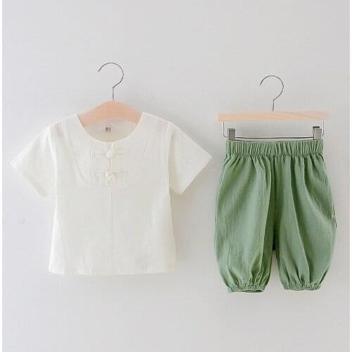 3-8 years childrens solid color cotton and linen short-sleeve Tang suit summer Hanfu boy Chinese style children two-piece suit