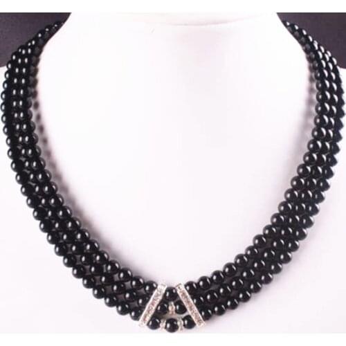 New fashion charming 6mm natural stone black onyx agat carnelian 3 Rows round beads necklace original design jewelry 17-19" BV79