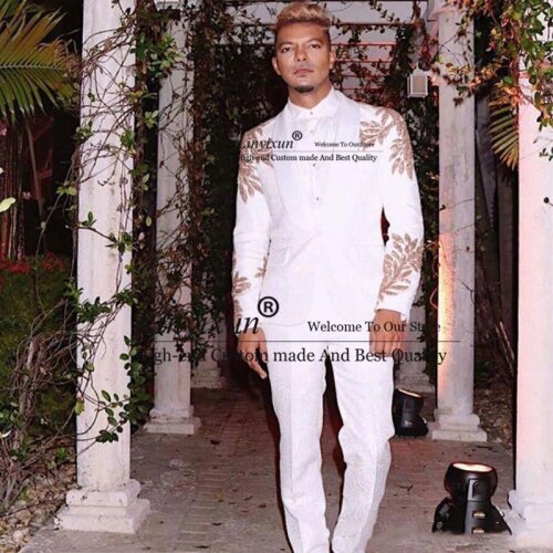 Luxury Design Groom Tuxedos Shawl Lapel Groomsmen Mens Suits Gold Applique Man Jacket Blazer Suit(Jacket+Pants) Costume Homme