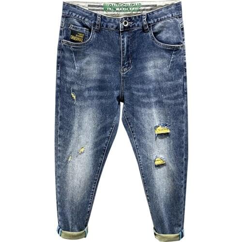 Ripped Jeans Men Harem Pants Cropped Trousers Blue Stretchy Destroyed Hip Hop Capri-Pants Distressed Mens Clothing 2021 Summer