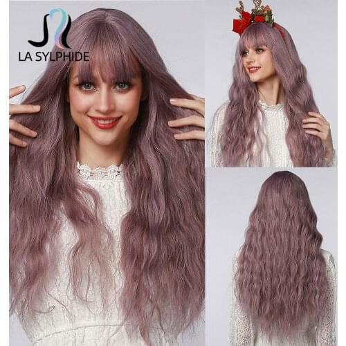 La Sylphide Synthetic Wig Long Loose Wavy Purple Light Pink Wigs with Bangs for Women Cosplay Party Lolita Wig Heat Resistant