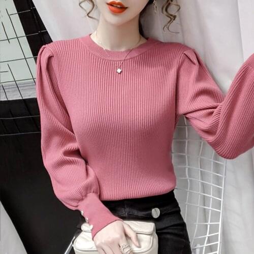 Pullover Sweater Women 2021Spring Autumn New Fashion Korean Round Neck Puff Sleeve All-Match Solid Color Knitting Sweater Female