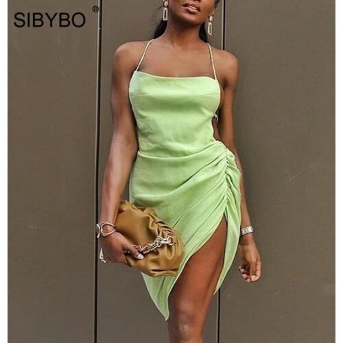SIBYBO Drawstring Ruched Sexy Party Dresses Summer Sleeveless Backless Women Mini Dress Elegant White Split Bodycon Vestidos
