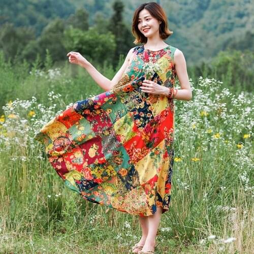 Women Summer Patchwork Dress Ladies Bohemian Dresses Female 2020 Spliced Dress