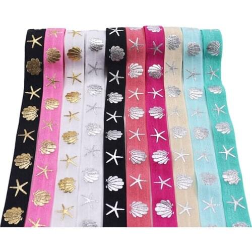 5/8'' Gold/Silver Foil Shell and Starfish Fold Over Elastic Hair Band printed Headband HAIR TIES DIY for party 100yards/lot
