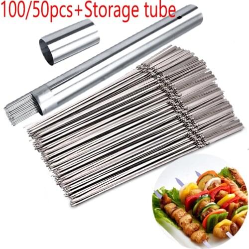 100/50pcs Stainless Steel barbecue skewers Reusable Flat bbq Needle stick For outdoor camping picnic tools with Storage Tube