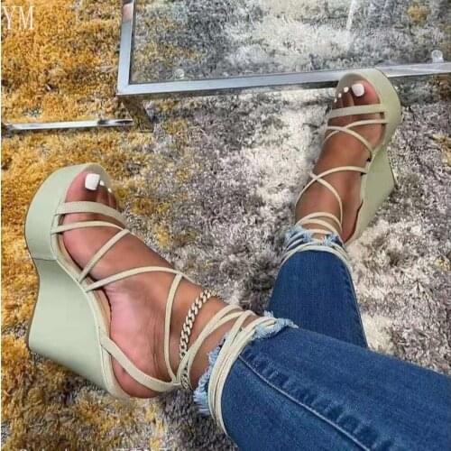 2021 Summer Shoes Woman Platform Wedges Heel Soft Leather Casual Sandals Cross Lace Up Women with 36-43 Gladiator Peep Toe