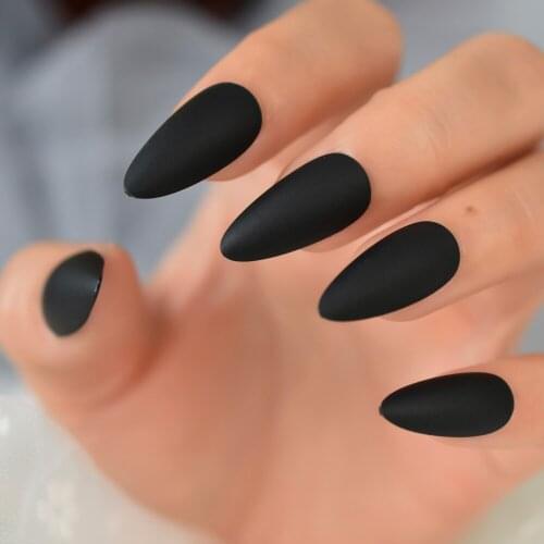 24pcs Black Fake Nails Matte Pure Color Stiletto Almond Press on Nail False Tips Artificial Finger Manicure for Women and Girls