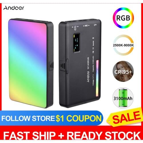 Andoer W140 RGB LED Video Light Rechargeable Photography Fill Light CRI95+ 2500K-9000K 20 Lighting Effects for Video Shooting
