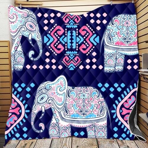 Colorful Indian Bohemian Boho Elephant Mandala Quilt Blanket