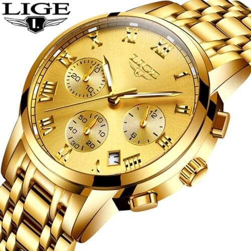 LIGE Mens Watches Top Brand Luxury Fashion Quartz Gold Watch Mens Business Stainless Steel Waterproof Clock Relogio Masculino