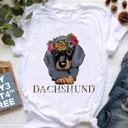 Cute Floral Dachshund Printed T Shirt Women Summer Clothes Top Female White T-Shirt Femme Dog Lover Birthday Gift Tshirts Tees