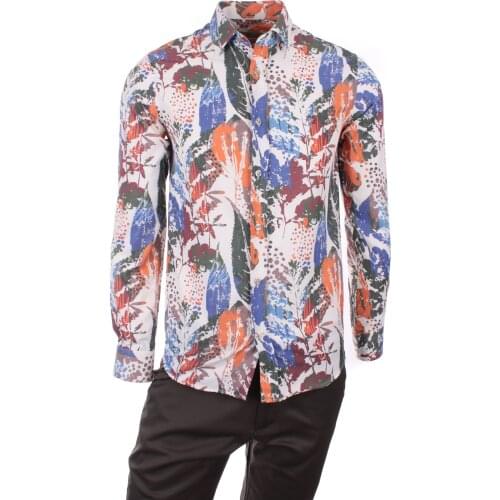 Gentilbay Mens Aloha Leaf Ethnic Printed Red Slimfit Long-Sleeve Sport Shirt DPD136