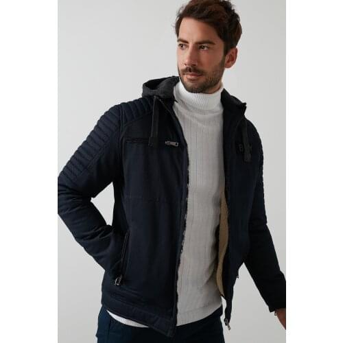 Male Navy Blue In-Plush Liner Removable Hooded Upright Collar Slim Fit Coats 5855017