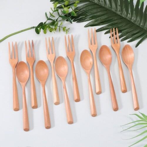 6pcs/12pcs Wooden Cutlery Set Portable Japanese Tableware Travel Dinnerware Non-toxic Natural Wood Fork And Spoon Kitchen Tools