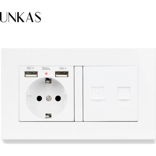 UNKAS PC Plastic Panel EU Standard Wall Socket with 2 USB + Telephone Connector and RJ45 Internet Jack enchufe usb pared