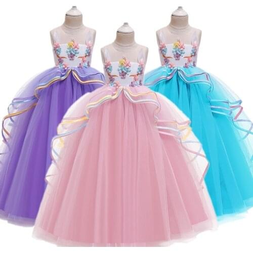 New Year Rainbow Unicorn Cosplay Girls Dress Party Elegant Flower Lace Long Tutu Formal Ball Gown Princess Dresses 3-10 Years