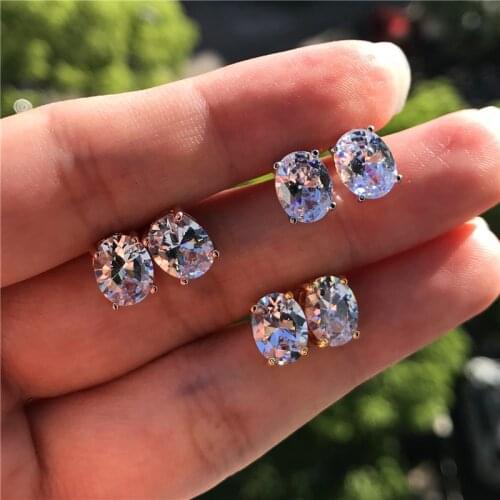 Rose Gold Silver Color Stud Earrings Cute White Zircon Small Wedding Earrings Charm Female Oval Crystal Stone Earrings For Women