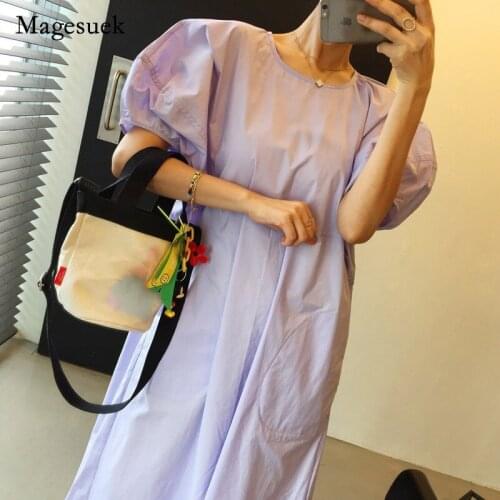 Korean Vintage Puff Short Sleeve Long Dress Summer 2021 New Casual Loose Oversize Dress Solid Party Dresses Woman Vestidos 14229