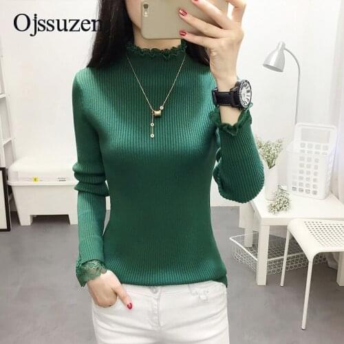 Green Pullover Female Sweater Women Slim Winter Lace Patchwork Ruffles Yellow Tops Clothing White