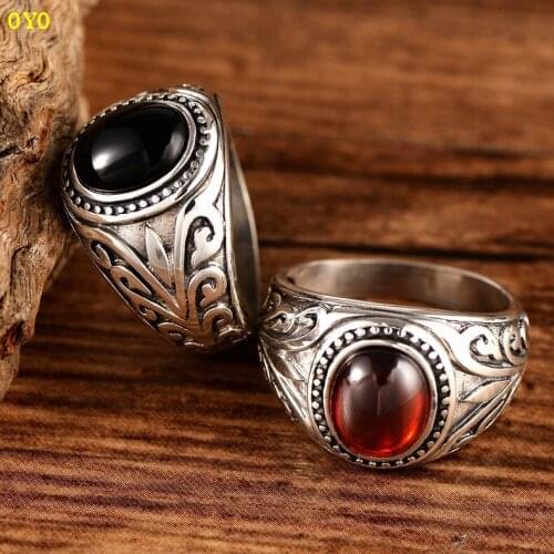 100%925 Silver Thai Silver Synthetic Black , Red Garnet Guteng-pattern Mens Silver Ring
