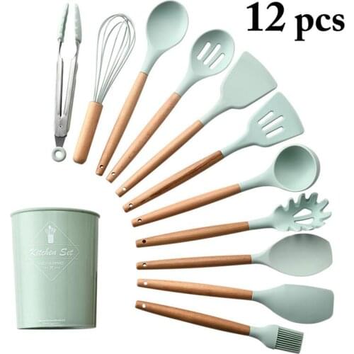 11 Pcs/Set Kitchen Cooking Gadgets Silicone Spatula With Wooden Handle Soup Spoon Egg Whisk Food Tongs Kitchen Accessories