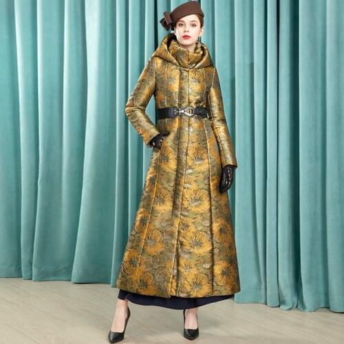 2020 Women Parkas Space Cotton Thick Long Coat Floral Zipper Jacquard Winter Coat Stand Collar X-Long Overcoat SS8156