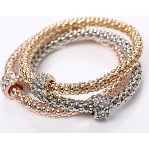 3pcs/Set Crystal Beads European Charm Bracelets Bangles Rainbow Gold Color Bracelet Jewelry
