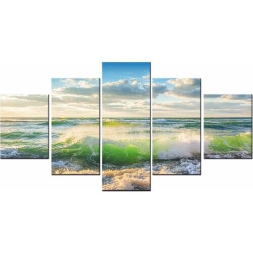5 Pieces Free shipping Sunset Beach Waves print painting on canvas Wall Art Picture Home Decoration Framed J009-036