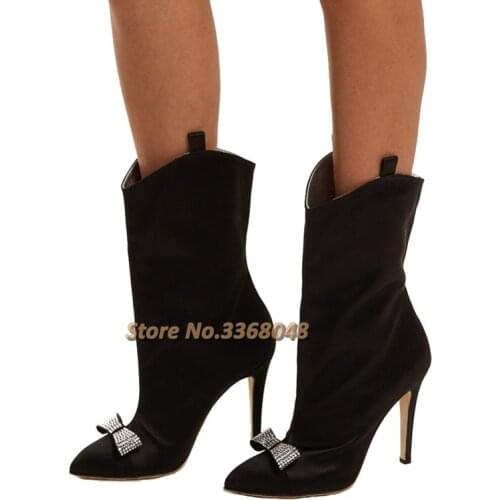 Satin Luxury Women High Heels Ankle Boots Black Crystal Bowtie Dress Heels Short Boots Stiletto Heel Pointed Toe Ankle Booties