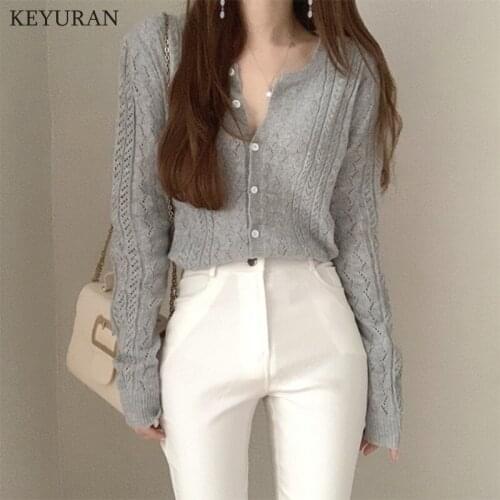 Cardigan Women Chic Hollow Out Design Elegant V-neck Popular Korean Ladies Knitwear Single Breasted Autumn Trendy Womens Sweater