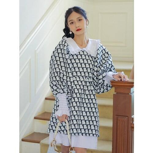 New Summer Japanese Womens Dress Academy Style Girl Doll Collar Cat Jacquard Color Patchwork Bubble Sleeve Loose Dress