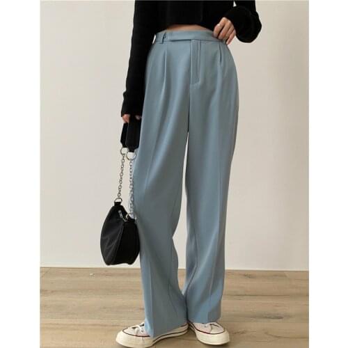Casual Loose Women Suit Pants Pockets Full-length Straight Pants Female Elegant Women Trousers pantalon femme 2020