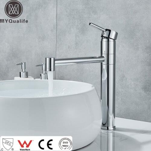 Bright Chrome Bathroom Sink Faucet Deck Mounted Countertop Basin Mixers Swivel Longer Spout Lavatory Sink Hot Cold Water Faucet